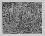 Allegory of the moon, many figures surrounding a man standing on a pilar holding a crescent moon, Monogrammist PP Italian, Engraving