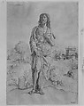 Saint John the Baptist standing in landscape, figures and buildings in the background, Giulio Campagnola (Italian, Padua ca. 1482–ca. 1515/18 Venice), Engraving