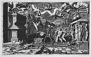 The Vision of Ezekiel; a group of corpses and skeletons emerging out of tombs, above them five winged putti holding a banderole, Giorgio Ghisi (Italian, Mantua ca. 1520–1582 Mantua), Engraving