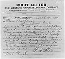 Night Letter: Francis W. Little to Frank Lloyd Wright, 8 October 1912 (copy), Written by Frank Lloyd Wright (American, Richland Center, Wisconsin 1867–1959 Phoenix, Arizona), Graphite on Western Union Night Letter form; verso advertisement for Western Union
