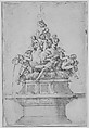 Design for a Fountain with Rivergods and Nymphs, Giorgio Vasari (Italian, Arezzo 1511–1574 Florence)  , workshop of, Pen with medium and dark brown ink, brush and gray wash, highlighted with white gouache, over graphite. Traces of framing outlines in pen with brown and black ink