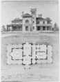 The J. C. Baughman (Scotten) House, Detroit, Michigan (front elevation and plan), Alexander Jackson Davis American, Pen and ink and watercolor over graphite