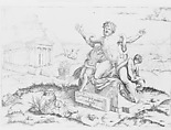 Laocoön and his two sons being attacked by serpents upon a pedestal, a temple to Minerva behind them, another temple and the sea in the background, Marco Dente (Italian, Ravenna, active by 1515–died 1527 Rome), Engraving