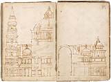 Façade, Section, and Elevation of Raphael’s Project for Saint Peter’s Basilica (as recorded in the Codex Mellon), Anonymous, Italian Italian, Pen and brown ink over preliminary stylus construction, some brush and brown wash; paper text block, with a binding made from pasteboard (laminated paper) covered in parchment manuscript waste; other binding elements made from alum-tawed animal skin and vegetable fiber (thread)