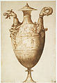 Design for a Vase with Hercules and Farnese Lilies, Francesco Salviati (Francesco de&#39; Rossi) (Italian, Florence 1510–1563 Rome), Pen and brown ink, brush and brown wash