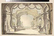 Study for a Stage Set, Jacques de Lajoüe (French, Paris 1686–1761 Paris), Pen and gray ink, brush and gray and colored wash over traces of black chalk and graphite