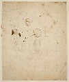 Compositional Sketches for the Virgin Adoring the Christ Child, with and without the Infant St. John the Baptist; Diagram of a Perspectival Projection (recto); Slight Doodles (verso), Leonardo da Vinci (Italian, Vinci 1452–1519 Amboise), Silverpoint, partly reworked by the artist with pen and dark brown ink on pink prepared paper; lines ruled with metalpoint (recto); pen and brown ink (verso)