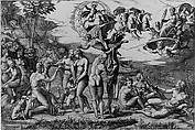 The Judgment of Paris: he is sitting at left with Venus, Juno and Pallas Athena, a winged victory above. In the upper section the Sun in his chariot preceeded by Castor and Pollux on horseback, at lower right two river gods and a naiad above whom Jupiter, an eagle, Ganymede, Diana and another goddess, Marcantonio Raimondi (Italian, Argini (?) ca. 1480–before 1534 Bologna (?)), Engraving