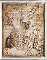 Diana and Actaeon, Bartholomeus Spranger (Netherlandish, Antwerp 1546–1611 Prague), Pen and brown ink, brush and brown and gray wash, white heightening, over traces of black chalk, on paper washed blue and pink