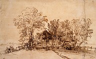 Cottage among Trees, Rembrandt (Rembrandt van Rijn) (Dutch, Leiden 1606–1669 Amsterdam), Pen and brown ink, brush and brown wash, on paper washed with brown