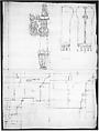 St. Peter's, cornice and architrave, profile; key, elevation; triglyph and guttae, elevation and section (recto) blank (verso), Drawn by Anonymous, French, 16th century, Dark brown ink, black chalk, and incised lines