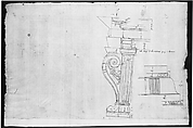 Palazzo Massimo alle Colonne, fireplace, details; Unknown, cornice, profile (recto) Palazzo Massimo alle Colonne, door and window, details (verso), Drawn by Anonymous, French, 16th century, Dark brown ink, black chalk, and incised lines