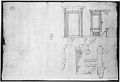 Palazzo Massimo alle Colonne, fireplace, details; Unknown, cornice, profile (recto) Palazzo Massimo alle Colonne, door and window, details (verso), Drawn by Anonymous, French, 16th century, Dark brown ink, black chalk, and incised lines