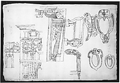 Palazzo Capodiferro (Spada), partial elevation, details; Santa Trinità dei Monti, Orsini Chapel, frame, elevation; various details, perspective (recto) blank (verso), Drawn by Anonymous, French, 16th century, Dark brown ink, black chalk, and incised lines