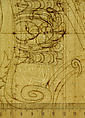 St Peter's, cornice, exterior, profile (recto) Unidentified, moulding, elevation; Unidentified structure, plan  (verso), Drawn by Anonymous, French, 16th century, Dark brown ink, black chalk, and incised lines