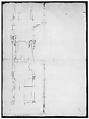 Temple of Hercules, Cori, plan, elevation; portal, details; Doric order, details (recto) St. Peter's, drum, section (verso), Drawn by Anonymous, French, 16th century, Dark brown ink, black chalk, and incised lines