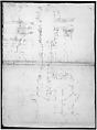 St Peter's, entablature profile; reflected ceiling details of the cornice, and profiles of column bases and pedestals (recto)
St. Peter's, section through drum of model and entablature of upper story (verso), Drawn by Anonymous, French, 16th century, Dark brown ink, black chalk, and incised lines