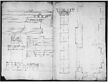 Palazzo dei Conservatori, portico, plan; façade cornice, elevation; minor order, cornice; column, elevation; pedestal, elevation (recto); Palazzo dei Conservatori, portal, elevation; section (verso), Anonymous, French, 16th century, Pen and dark brown ink, black chalk, and incised lines
