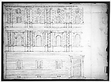 Palazzo Giroud Torlioni, elevation, cornice details (recto) Calculation table (verso), Drawn by Anonymous, French, 16th century, Dark brown ink, black chalk, and incised lines