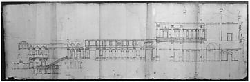 Villa Giulia, section, Drawn by Anonymous, French, 16th century, Pen and dark brown ink, over traces of black chalk, ruling and compass work, on three glued sheets of paper