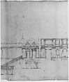Villa Giulia, section, Drawn by Anonymous, French, 16th century, Pen and dark brown ink, over traces of black chalk, ruling and compass work, on three glued sheets of paper