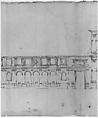 Villa Giulia, section, Drawn by Anonymous, French, 16th century, Pen and dark brown ink, over traces of black chalk, ruling and compass work, on three glued sheets of paper