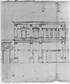 Villa Giulia, section, Drawn by Anonymous, French, 16th century, Pen and dark brown ink, over traces of black chalk, ruling and compass work, on three glued sheets of paper