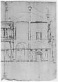 Villa Giulia, section, Drawn by Anonymous, French, 16th century, Pen and dark brown ink, over traces of black chalk, ruling and compass work, on three glued sheets of paper