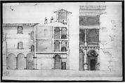 Palazzo Pirro in Rome, section (recto) Palazzo Pirro in Rome, sections; profiles (verso), Drawn by Anonymous, French, 16th century, Dark brown ink, black chalk, and incised lines