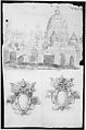 St. Peter's, view from the southeast; Unidentified, blank, papal escutcheons (recto) blank (verso), Drawn by Anonymous, French, 16th century, Dark brown ink, black chalk, and incised lines