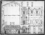 Palazzo Farnese, section (recto) blank (verso), Drawn by Anonymous, French, 16th century, Dark brown ink, black chalk, and incised lines