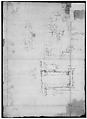 Palazzo dei Conservatori, portico, plan; portal, elevation; details, elevations (recto) Palazzo dei Conservatori, portico, elevation; details, profiles (verso), Drawn by Anonymous, French, 16th century, Dark brown ink, black chalk, and incised lines
