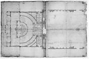 Villa Giulia, plan (composite), Drawn by Anonymous, French, 16th century, Pen and dark brown ink, brush and brown wash, over traces of black chalk, ruling and compass work, on a gathering of five sheets of paper.