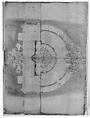 Villa Giulia, plan (composite), Drawn by Anonymous, French, 16th century, Pen and dark brown ink, brush and brown wash, over traces of black chalk, ruling and compass work, on a gathering of five sheets of paper.