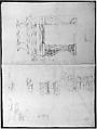 Palazzo Massimo alle Colonne, plan (recto); Palazzo Massimo alle Colonne, façade, details and fireplace (verso), Anonymous, French, 16th century, Dark brown ink, black chalk, and incised lines