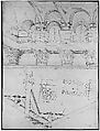 Pantheon, portico,  plan (recto) Pantheon, portico, details and perspective (verso), Drawn by Anonymous, French, 16th century, Dark brown ink, black chalk, and incised lines