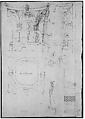 Pantheon, pediment details (recto) Pantheon, pilaster capital profile and projected elevation, column diagram, bronze door detail (verso), Drawn by Anonymous, French, 16th century, Dark brown ink, black chalk, and incised lines