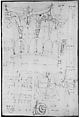 Pantheon, portico, Corinthian column capital, projection, plan, and details; column shaft, profile; beam architrave, elevation (recto) Pantheon, cella, perspective, details; vault, details; portal, interior, cornice, profile (verso), Drawn by Anonymous, French, 16th century, Dark brown ink, black chalk, and incised lines