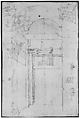 Pantheon, portico, Corinthian column capital, projection, plan, and details; column shaft, profile; beam architrave, elevation (recto) Pantheon, cella, perspective, details; vault, details; portal, interior, cornice, profile (verso), Drawn by Anonymous, French, 16th century, Dark brown ink, black chalk, and incised lines