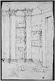 Pantheon, vestibule, perspective; panel moulding, profiles (recto) Pantheon, rectangular niche, plan; half round niche, plan (verso), Drawn by Anonymous, French, 16th century, Dark brown ink, black chalk, and incised lines