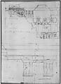 Basilica Ulpia, cornice, elevation profile with ornamental detailing; Domus Turciorum, entablature, elevation profile (recto) Domus Turciorum, elevation, perspective (verso), Drawn by Anonymous, French, 16th century, Dark brown ink, black chalk, and incised lines