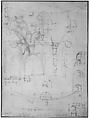 Unidentified Corinthian capital, elevation, section, and ceiling plan (recto) blank (verso), Drawn by Anonymous, French, 16th century, Dark brown ink, black chalk, and incised lines
