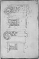 Unidentified, Ionic capitals, two front and side elevations (recto) Doric impost, elevation of entablature (verso), Drawn by Anonymous, French, 16th century, Dark brown ink, black chalk, and incised lines