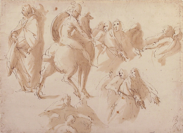 Figure Studies: Warrior on Horseback, and Groups of Standing Female Figures