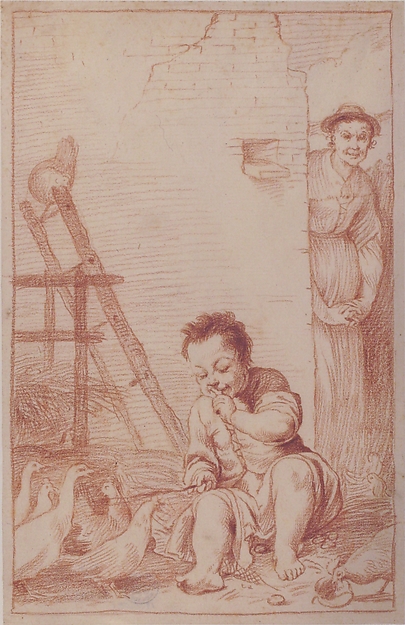 Marcolfa Discovers BertoldinoTrying to Hatch Eggs (recto); Sketch of Bertoldino (verso)