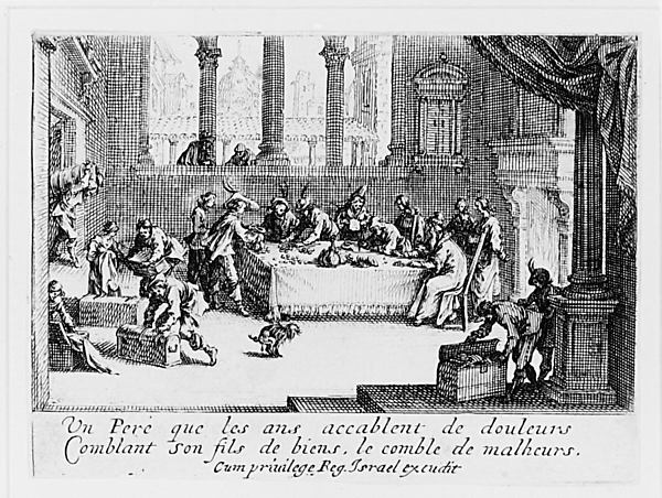 Le Partage des Biens, pièce appelée aussi L'Enfant Prodigue Reçoit sa Part d'Héritage (The Dividing of Assets, also called The Prodigal Son Receiving His Inheritance), from "L'Enfant Prodigue" (The Prodigal Son) by Jacques Callot
