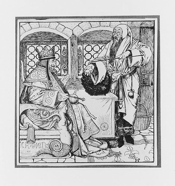 The Master of the Black Arts Bringeth a Curious Little Black Hen to the King, for "The Wonder Clock"