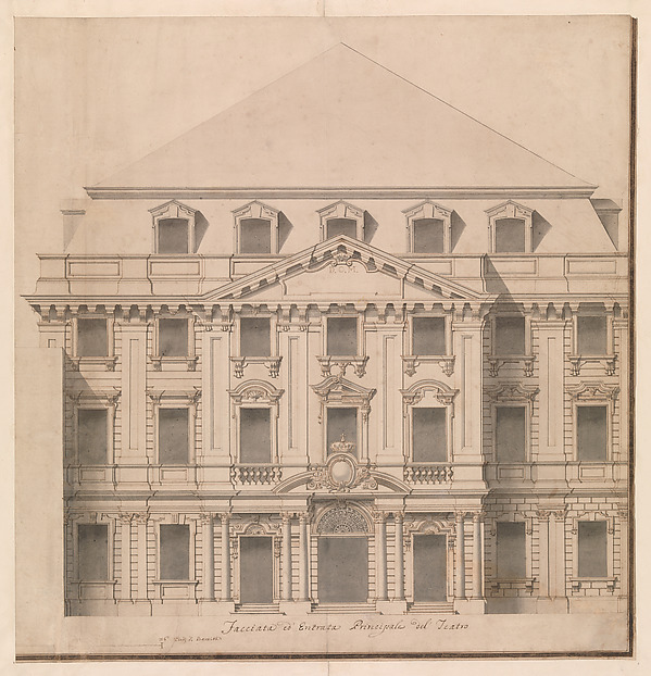 View of a Theater (Bayreuth):  Exterior Elevation of the Facade; Central Portal Surmounted by Royal Crown