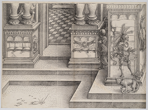 The Lower Portion of the Entryway to the Left Portal (Die Porten des Lobs); and the Outer Left Sockel of the Central Portal, from the Arch of Honor, proof, dated 1515, printed 1517-18