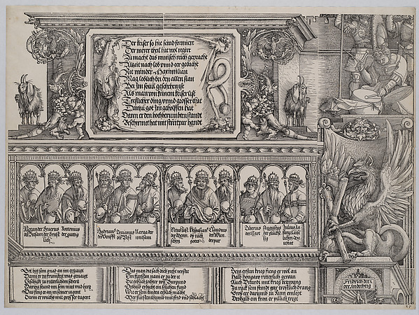The Upper Section of the Left Portal, with the Inscription on a Lion Skin; a Frieze with Busts of Roman Emperors; and  Entablature of the Columns, from the Arch of Honor, proof, dated 1515, printed 1517-18